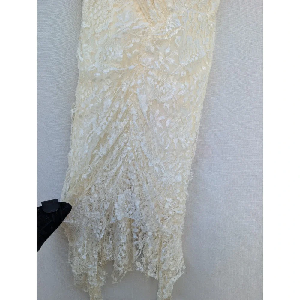 Vtg‎ Coquette Cream Lace Dress Handkerchief Hem Ruched Seneca Alternative Bride